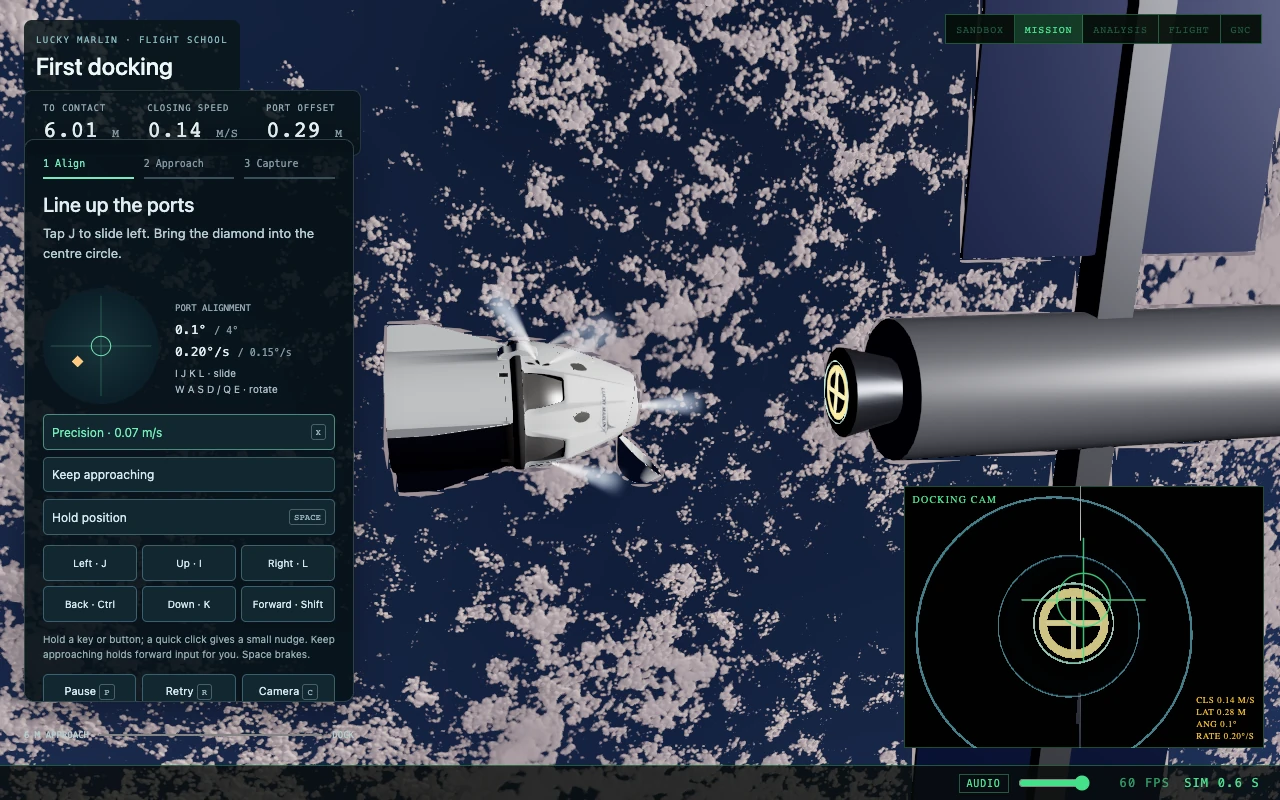 Crew Dragon capsule approaching the station with mission telemetry in the docking simulator.